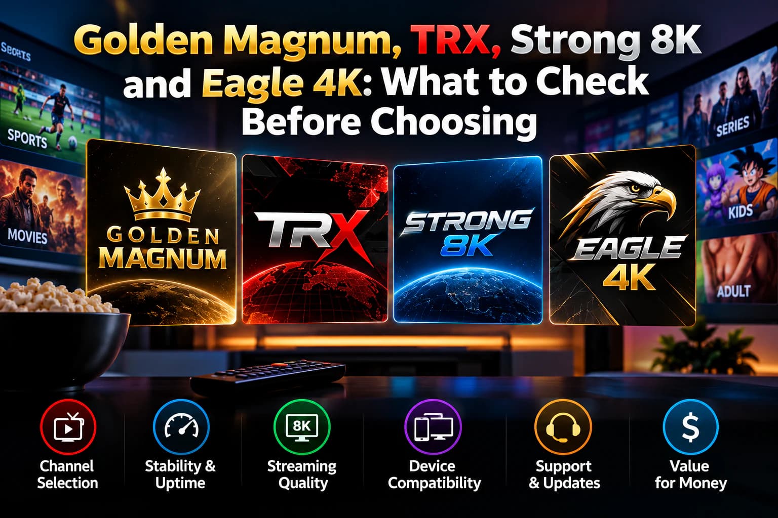 Golden Magnum, TRX, Strong 8K and Eagle 4K IPTV comparison illustration.