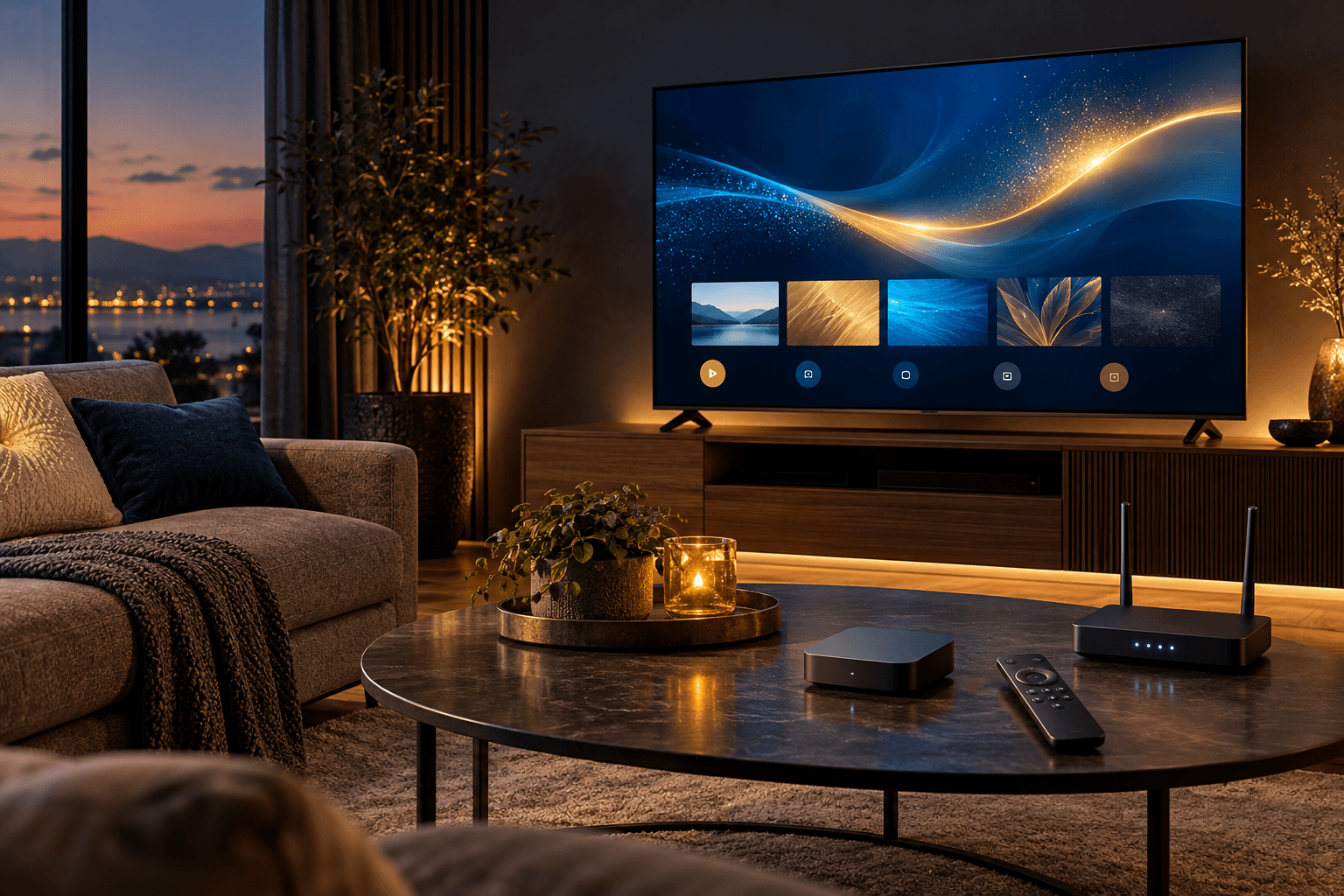 A television, streaming device, Wi-Fi router, and remote in a modern home setup.