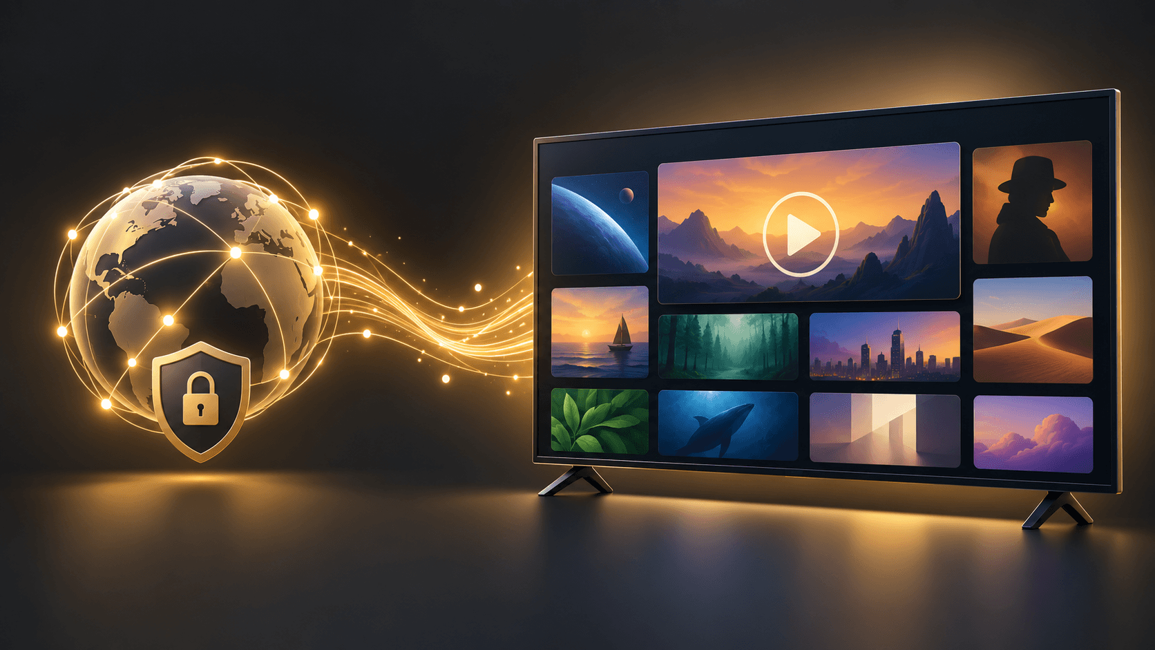 Abstract television interface showing an organized on-demand video library connected to the internet
