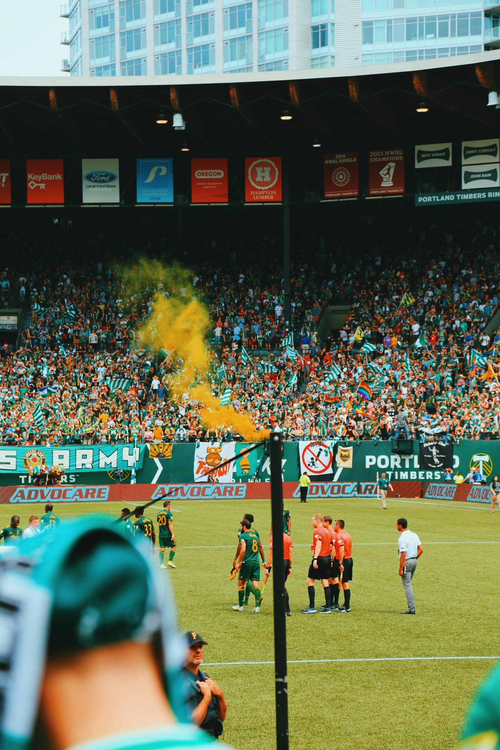 Professional football players competing in a stadium
