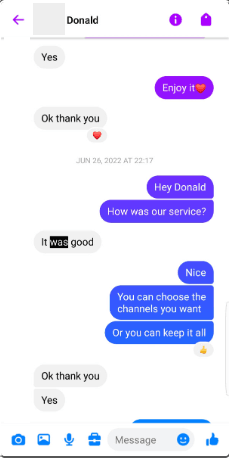Original Messenger conversation with Donald; visible messages and dates are preserved.