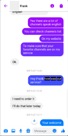 Original Messenger conversation with Frank; visible messages and dates are preserved.