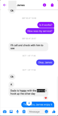 Original Messenger conversation with James; visible messages and dates are preserved.