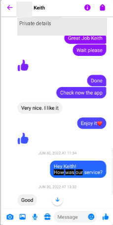 Original Messenger conversation with Keith; visible messages and dates are preserved.