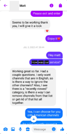 Original Messenger conversation with Matt; visible messages and dates are preserved.