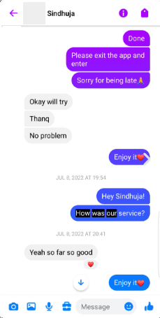 Original Messenger conversation with Sindhuja; visible messages and dates are preserved.