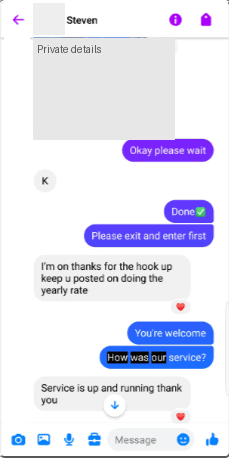 Original Messenger conversation with Steven; visible messages and dates are preserved.