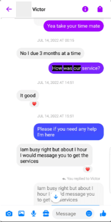 Original Messenger conversation with Victor; visible messages and dates are preserved.
