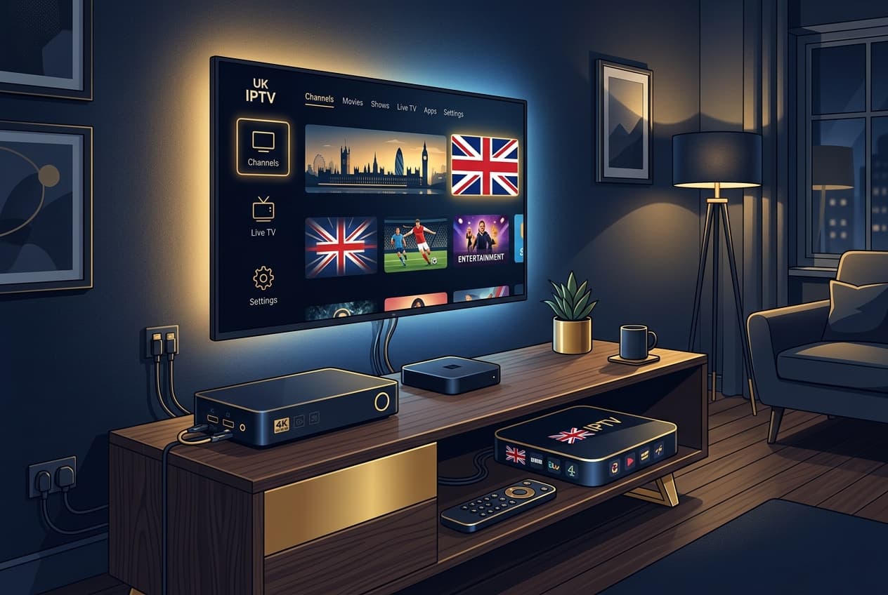 A compact streaming device beside a television in a modern living room