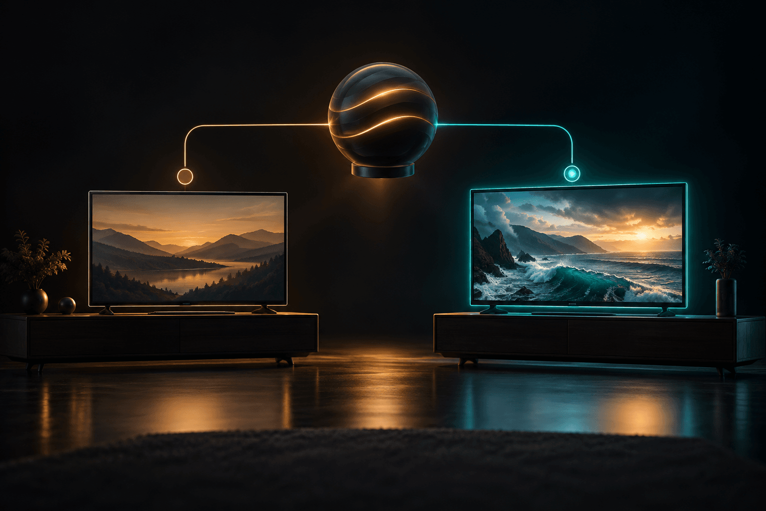 Two household TV devices with one highlighted active streaming connection