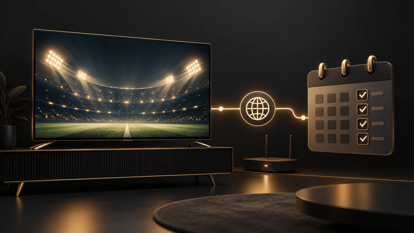 Abstract television with stadium lights and a calendar checklist for evaluating a sports streaming subscription