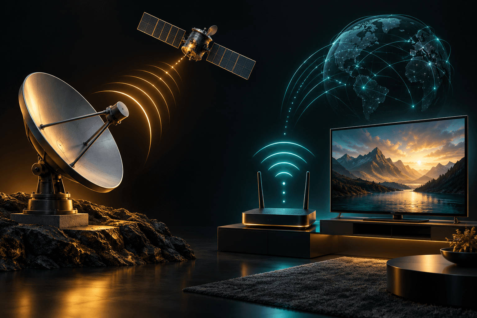 Satellite dish and home internet television setup shown with equal visual weight